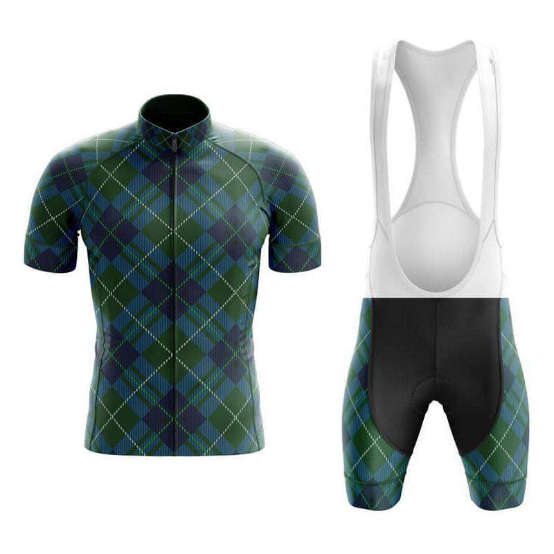 The Tartan Dark Green Cycling Jersey Set includes a short-sleeve jersey with a collar and white zip in a green and blue argyle pattern, paired with matching bib shorts featuring white straps and black padding.