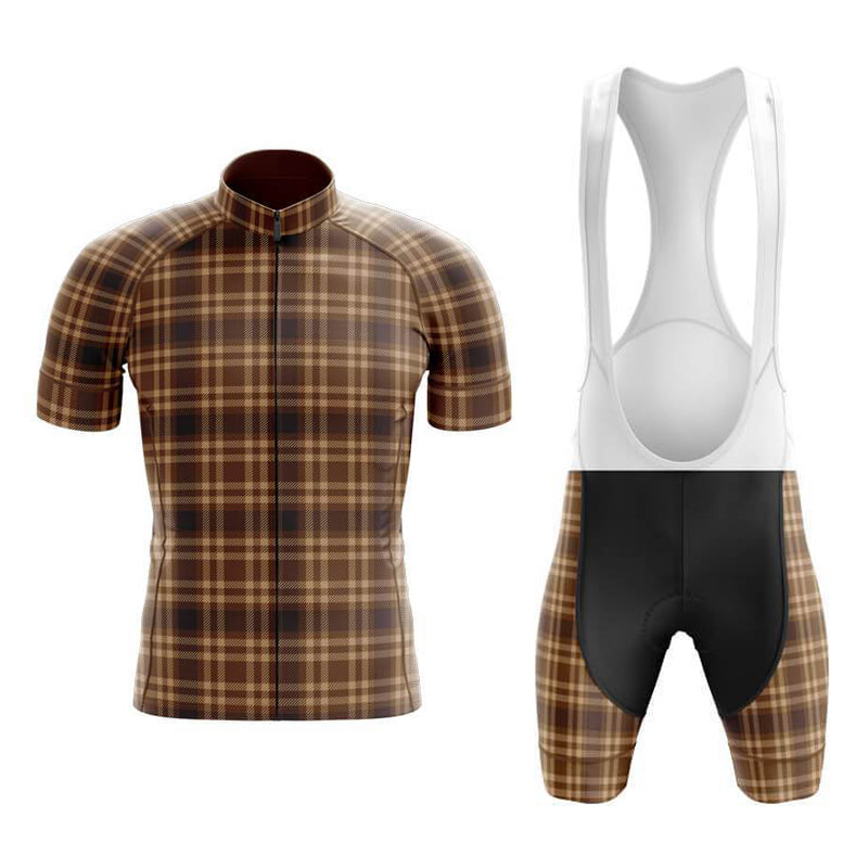 Enjoy a perfect ride in the lightweight Tartan Light Brown Cycling Jersey Set, featuring a plaid jersey with brown and tan patterns on one side and white bib shorts with a black seat panel on the other, creating a classic and cohesive design.