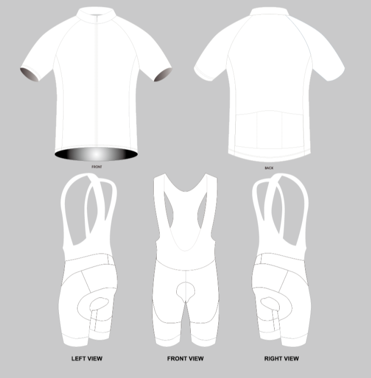 Illustration of the Custom Design Cycling Jersey & Shorts Short Set from various angles: the jersey is shown front and back, while the shorts are displayed left, front, and right, all on a gray background highlighting premium performance cycling gear.