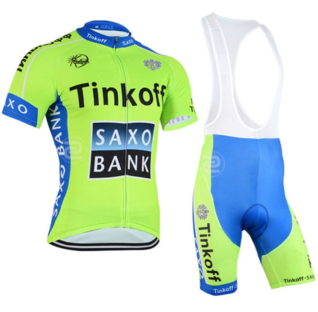 The Tinkoff Saxo Bank Light Green Set includes a green and blue jersey with Tinkoff and Saxo Bank logos. Made from lightweight polyester, the jersey is short-sleeved with a zippered front. The blue bib shorts feature green accents, white suspenders, and a gel seat pad for comfort.