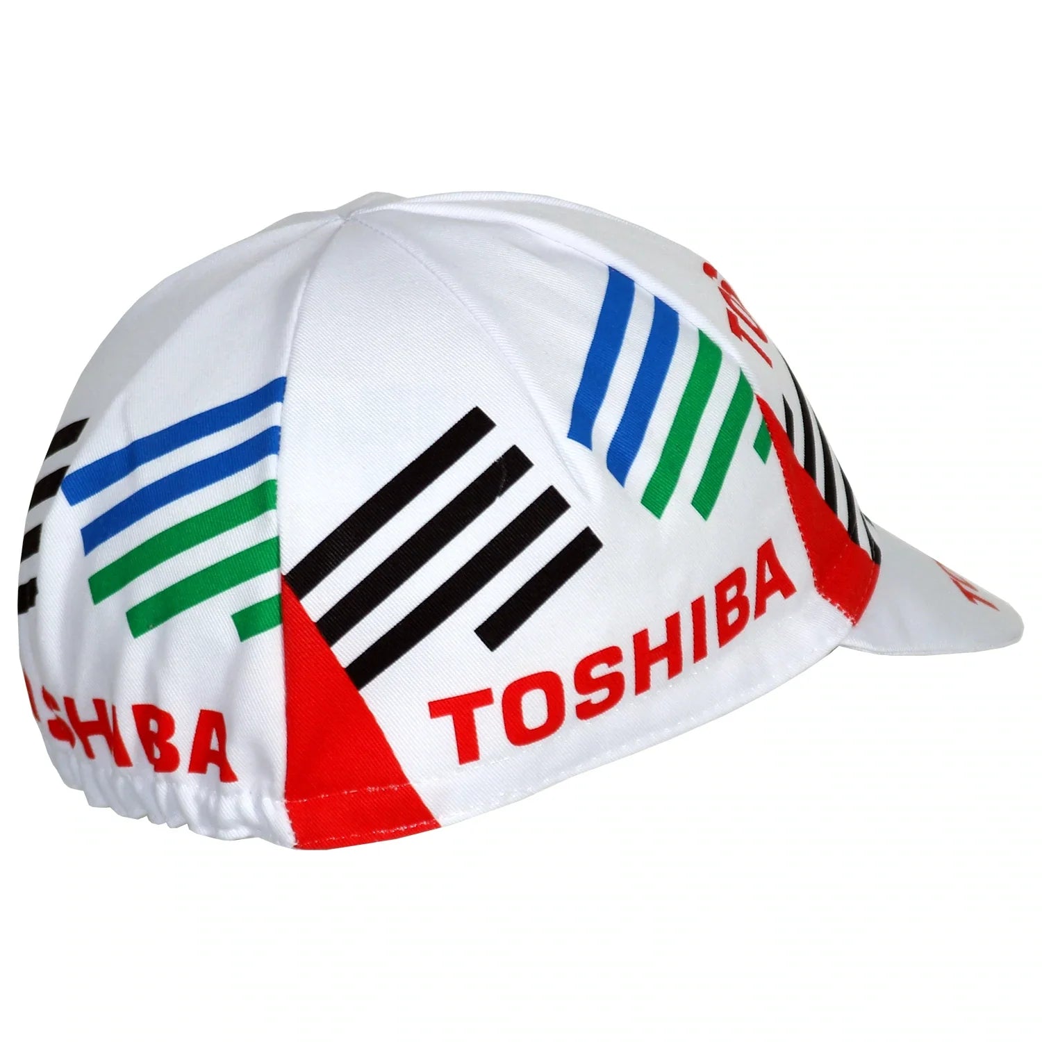 The Toshiba 1990 Retro Cycling Cap features vintage white fabric with colorful geometric stripes in blue, green, and black. TOSHIBA is elegantly printed in red on the sides and visor, while an elastic band at the back ensures a snug fit.