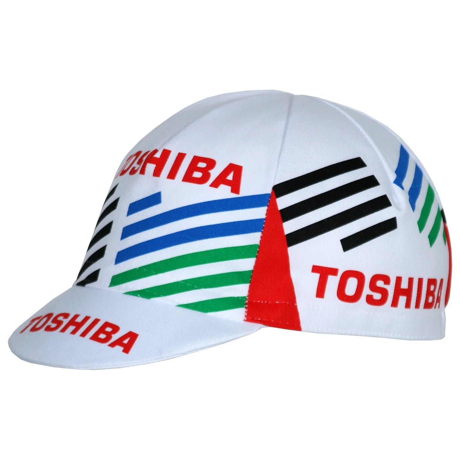 Vintage cycling enthusiasts will love the Toshiba 1990 Retro Cycling Cap, featuring colorful geometric stripes in blue, green, black, and red. The classic design is enhanced with TOSHIBA in bold red text, offering a nostalgic touch to the retro style.