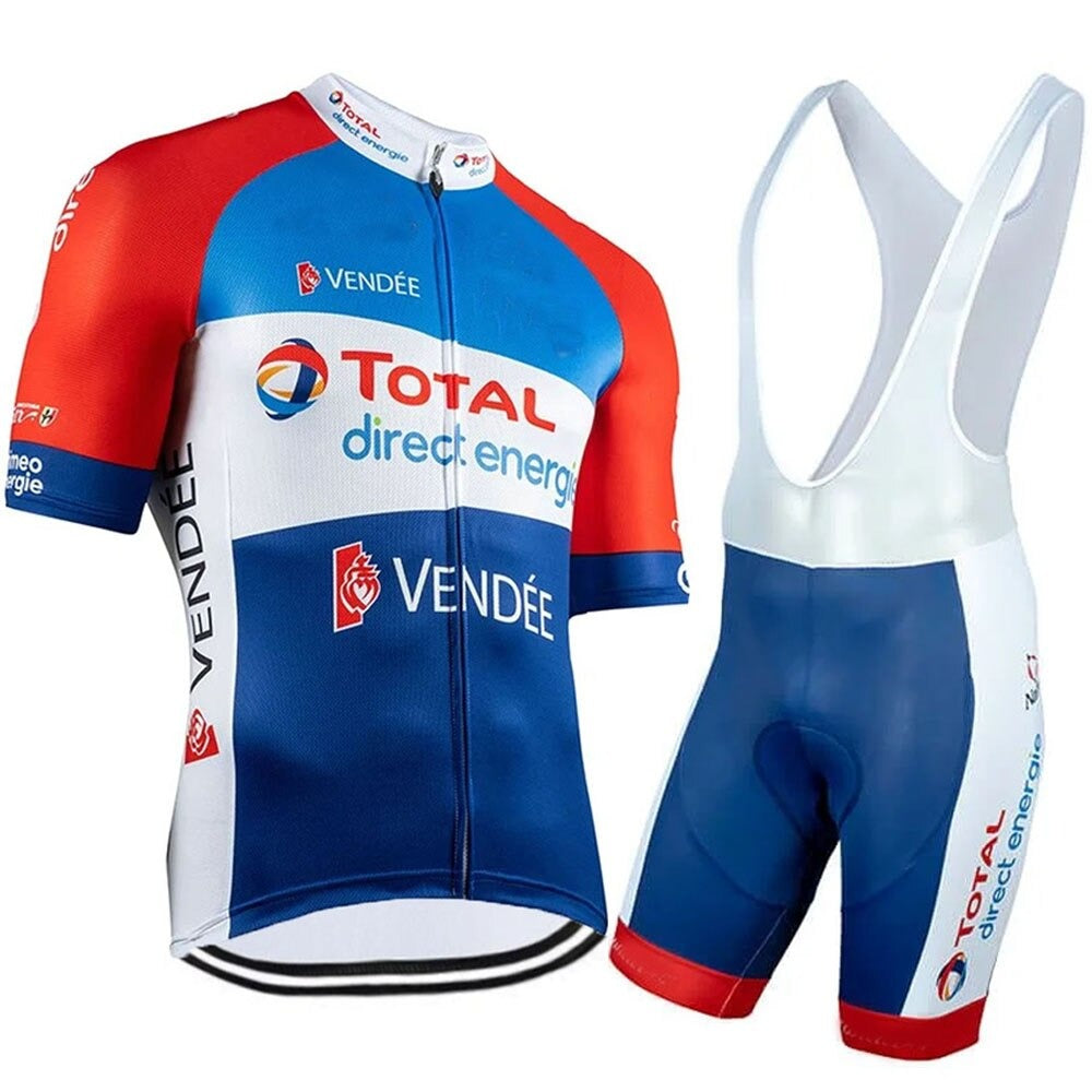 The Total Direct Energie Cycling Team Jersey Set displays the teams iconic red, white, and blue. Made of lightweight polyester, it features Vendée logos, matching bib shorts, short sleeves, a front zipper, and sponsor logos for a sleek look.