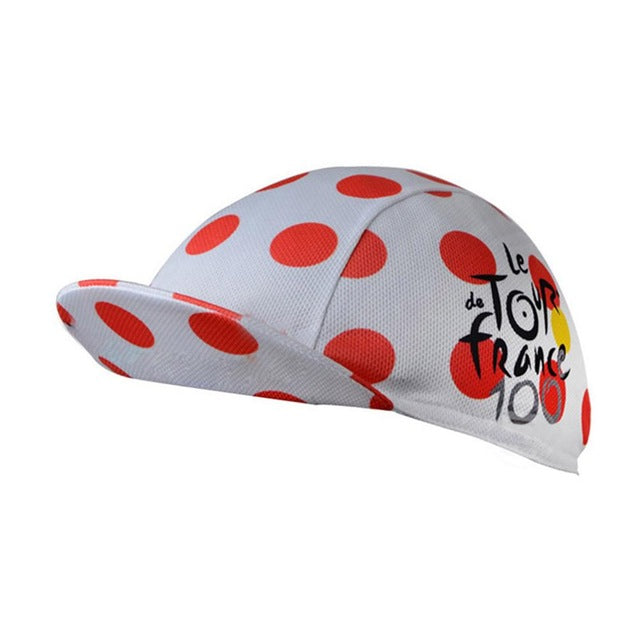 The Tour de France Cycling Cap is white with red polka dots, Le Tour de France 100 on the side, featuring a small brim and breathable mesh for lightweight comfort.