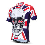 The UK Skull Cycling Jersey is a lightweight polyester performance jersey, featuring a skull graphic with Union Jack sunglasses against a red, white, and blue background. It includes short sleeves and a small collar.