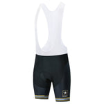 The US Army Veteran Cycling Jersey Set includes bib shorts featuring a white upper, black lower section with the U.S. Army logo, and yellow stripes near the bottom. The design incorporates padding for added comfort on each ride.