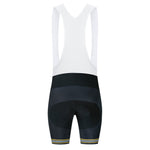 Rear view of the US Army Veteran Cycling Jersey Set includes cycling bib shorts with a white mesh upper, black padded shorts, and leg openings adorned with thin horizontal stripes in blue, white, and yellow.
