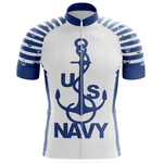 The US Navy Retro Cycling Jersey showcases a navy blue and white design with a large anchor and U.S. NAVY text on the front, stripe-and-anchor patterned sleeves for a vintage feel, and a full-length front zipper for comfort.