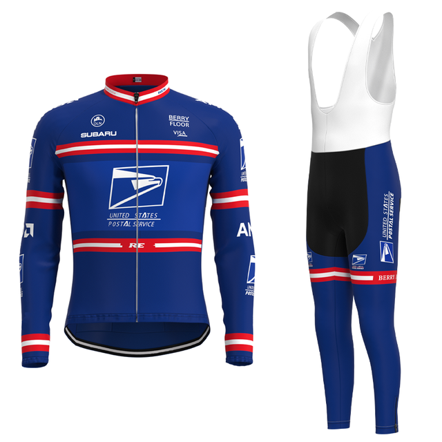 The US Postal Service Pro Cycling Team Jersey Long Set is a blue kit inspired by the team, featuring a long-sleeve zippered jersey with red and white stripes and logos, paired with bib shorts having matching blue and white accents.