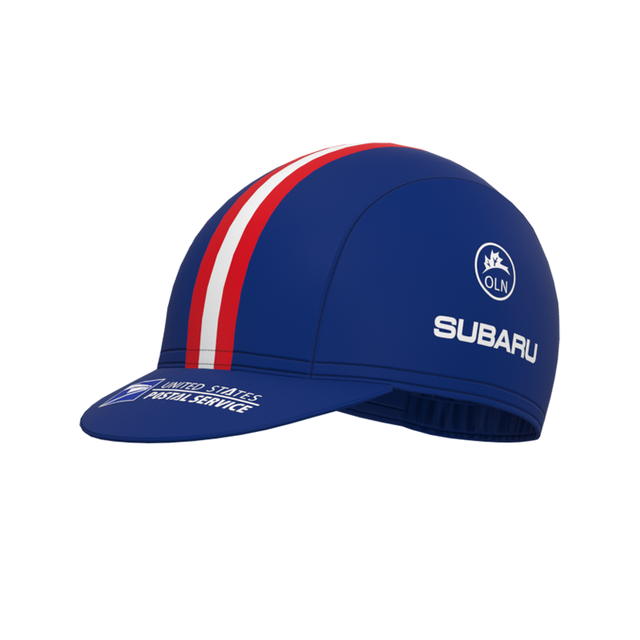 The US Postal Service Retro Cycling Cap is crafted from blue fabric with red and white center stripes, featuring OLN, SUBARU, and US Postal Service logos on the side and brim, embodying a vintage cycling vibe.