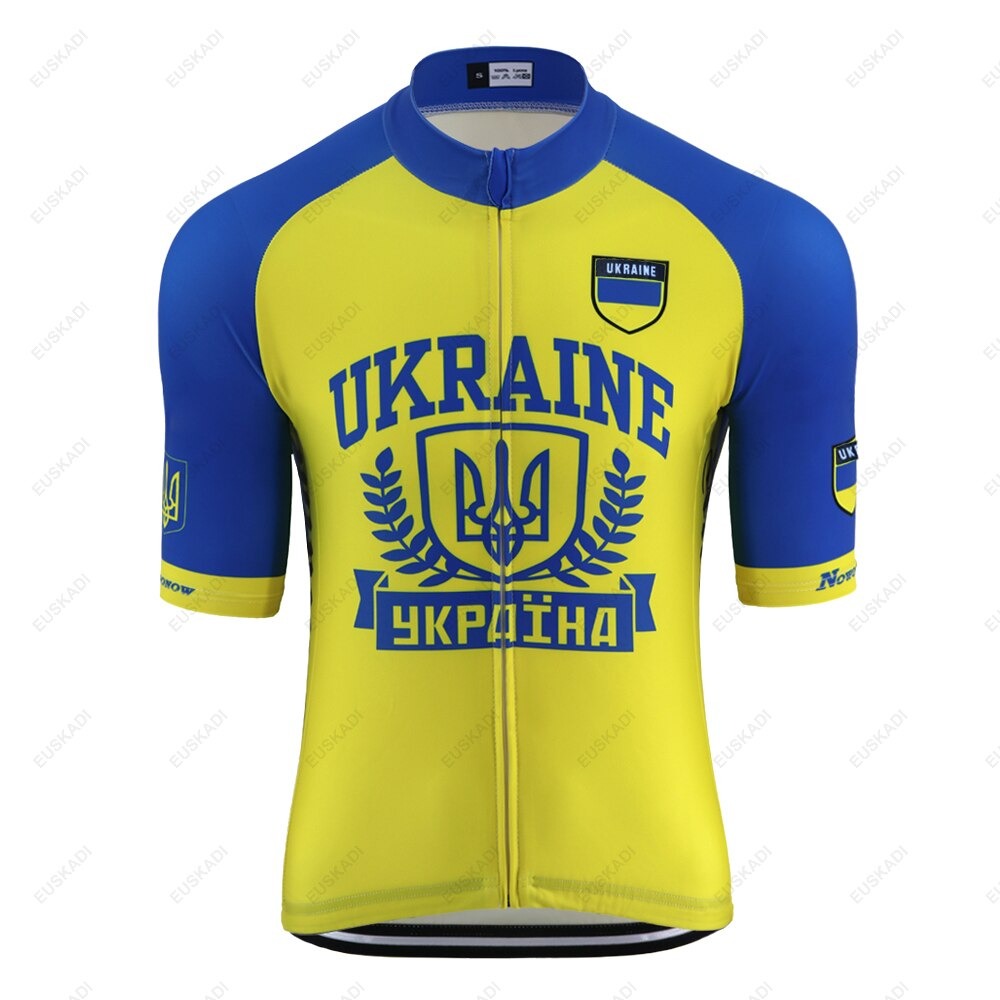 Introducing the Ukraine Cycling Jersey: a vibrant yellow and blue polyester performance jersey featuring UKRAINE with a trident emblem, blue sleeves, a yellow torso, plus additional Ukrainian text and symbols.