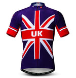 The Union Jack Cycling Jersey is made of lightweight, breathable polyester and showcases the classic red, white, and blue Union Jack design with UK on the chest. Matching sleeves and a collar featuring a small Union Jack flag enhance its iconic look.