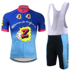 Channel your inner Team Z spirit with the Vetements Enfants Team Z Retro Cycling Jersey Set, featuring a blue and pink jersey with a comic-style Z symbol and Vêtements enfants text, paired with black and blue bib shorts labeled ENFANTS on the side.