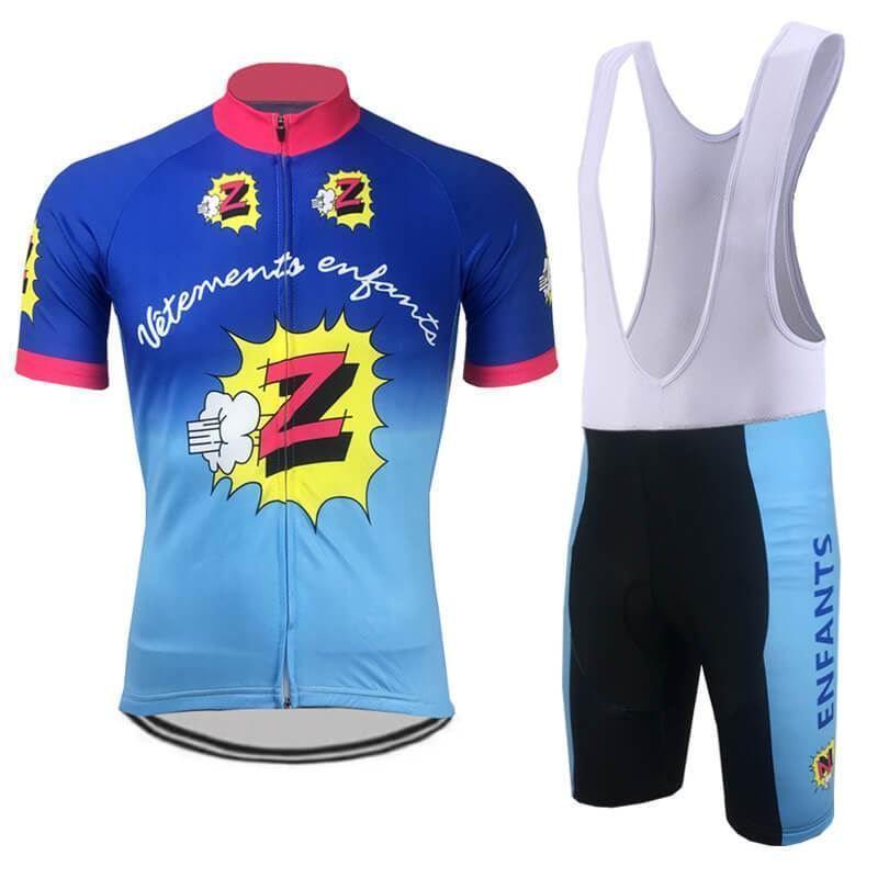 Channel your inner Team Z spirit with the Vetements Enfants Team Z Retro Cycling Jersey Set, featuring a blue and pink jersey with a comic-style Z symbol and Vêtements enfants text, paired with black and blue bib shorts labeled ENFANTS on the side.