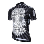 The White Skull with Black Body Cycling Jersey features a bold white sugar skull on the front, smaller skulls on the sleeves, a short neck zipper, and Weimostar branding along the bottom hem, making it ideal for enthusiastic cyclists.