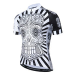 Introducing the White Skull with Black-White Patterned Body Cycling Jersey, showcasing a black and white sugar skull design, floral and geometric patterns on a radial striped background, and matching motifs on the sleeves. Made from lightweight polyester for breathable performance.