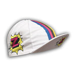 The Vetements Team Z Retro Cycling Cap sports a classic design with white fabric, colorful blue, pink, and yellow stripes, and comic-style yellow explosions on each side featuring a red and black Z, encapsulating the iconic Team Z vibe.