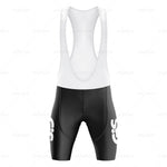 Cycling bib shorts from the GiS Gelati Retro Cycling Jersey Set with a white top and black polyester shorts, featuring suspenders, a breathable padded seat area, and side logos.