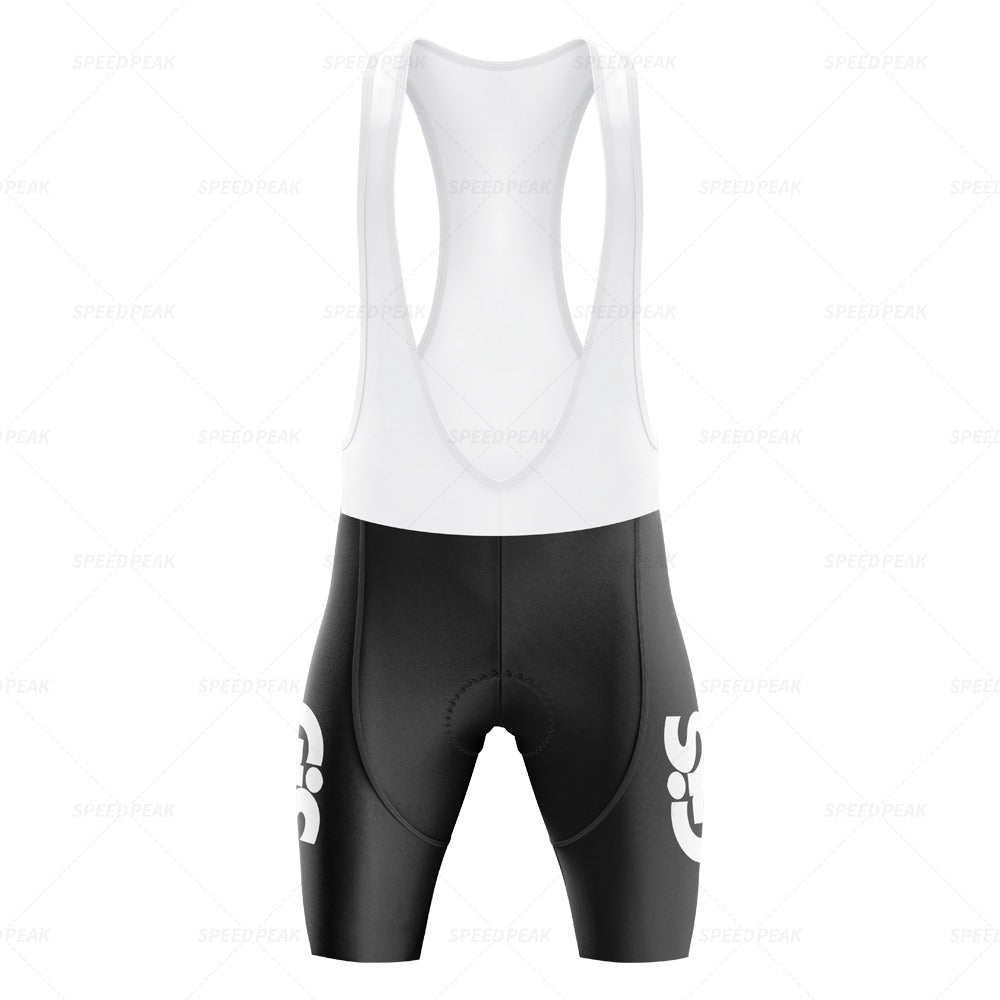 Cycling bib shorts from the GiS Gelati Retro Cycling Jersey Set with a white top and black polyester shorts, featuring suspenders, a breathable padded seat area, and side logos.