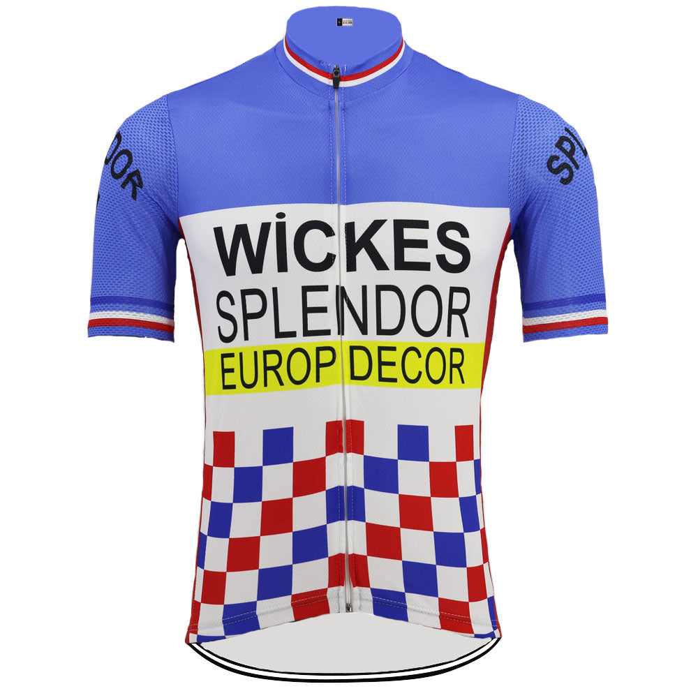 The Wickes Splendor Europ Decor 1981 Retro Cycling Jersey features short sleeves in lightweight polyester, a blue top with a red, white, and blue checkered pattern at the bottom. WICKES, SPLENDOR, and EUROP DECOR are featured on it, with blue, red, and white stripes on the sleeves and collar.