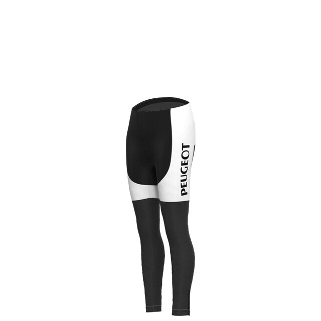 The Womens 1960s Peugeot-Shell Retro Cycling Jersey Long Set includes black and white tights featuring PEUGEOT vertically on the side, contrasting panels, and an elastic waistband, all set against a plain white background reminiscent of classic cycling apparel.