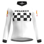 Experience the classic charm of the Womens 1960s Peugeot-Shell Retro Cycling Jersey Long Set. This white long-sleeve features a black and white checkered chest pattern, PEUGEOT above it, and iconic red and yellow Shell logos on the sleeves—a perfect winter fleece option.