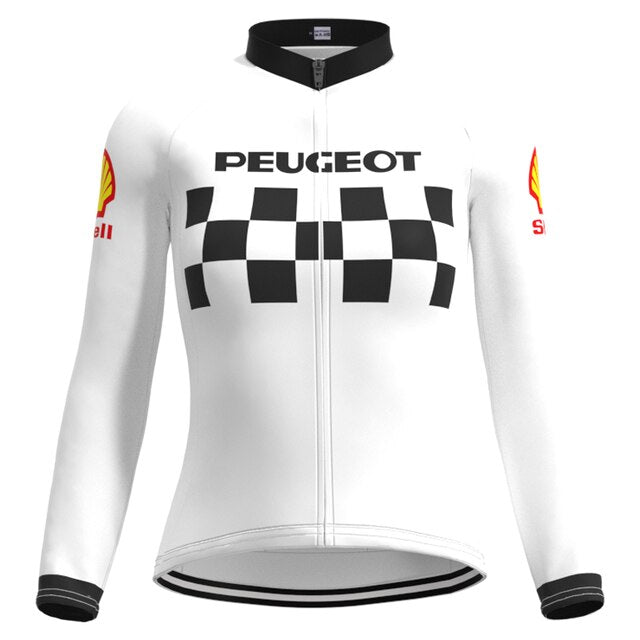 Experience the classic charm of the Womens 1960s Peugeot-Shell Retro Cycling Jersey Long Set. This white long-sleeve features a black and white checkered chest pattern, PEUGEOT above it, and iconic red and yellow Shell logos on the sleeves—a perfect winter fleece option.