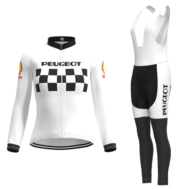 Explore our Womens 1960s Peugeot-Shell Retro Cycling Jersey Long Set with Winter Fleece, featuring a chic white jacket with black and white checks and sleek black bib tights adorned with PEUGEOT on the side—ideal for discerning cyclists.