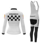 Front and back view of the Womens 1960s Peugeot-Shell Retro Cycling Jersey Long Set, featuring PEUGEOT and a black check pattern on the jersey back. The matching bib tights display PEUGEOT on the side, with Shell logos on sleeves. Both pieces feature black and white color blocks, ideal with winter fleece.