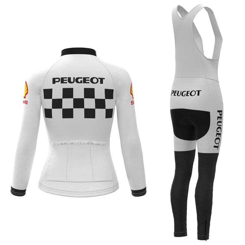 Front and back view of the Womens 1960s Peugeot-Shell Retro Cycling Jersey Long Set, featuring PEUGEOT and a black check pattern on the jersey back. The matching bib tights display PEUGEOT on the side, with Shell logos on sleeves. Both pieces feature black and white color blocks, ideal with winter fleece.