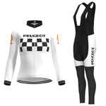 The Womens 1960s Peugeot-Shell Retro Cycling Jersey Long Set includes a retro long-sleeve jersey with white and black checkered patterns, classic logos, sleek black bib tights with white accents, and an optional winter fleece for extra warmth.