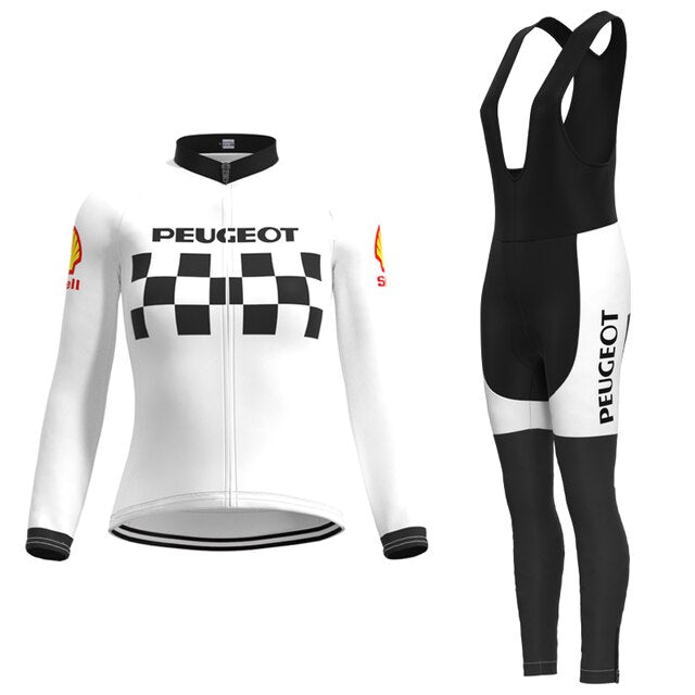 The Womens 1960s Peugeot-Shell Retro Cycling Jersey Long Set includes a retro long-sleeve jersey with white and black checkered patterns, classic logos, sleek black bib tights with white accents, and an optional winter fleece for extra warmth.