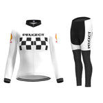 The Womens 1960s Peugeot-Shell Retro Cycling Jersey Long Set features a white and black jersey with a checkerboard design, Peugeot on the chest, matching pants with side lettering, sleeve logo patches, and winter fleece—perfect for vintage enthusiasts.
