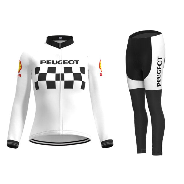 The Womens 1960s Peugeot-Shell Retro Cycling Jersey Long Set features a white and black jersey with a checkerboard design, Peugeot on the chest, matching pants with side lettering, sleeve logo patches, and winter fleece—perfect for vintage enthusiasts.