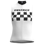 The Womens 1960s Peugeot-Shell Retro Cycling Jersey Set is sleeveless with a front zipper, showcasing vintage style through a white design, black checkered pattern, and bold PEUGEOT lettering. Ideal for fans of classic womens cycling apparel from the 1960s.