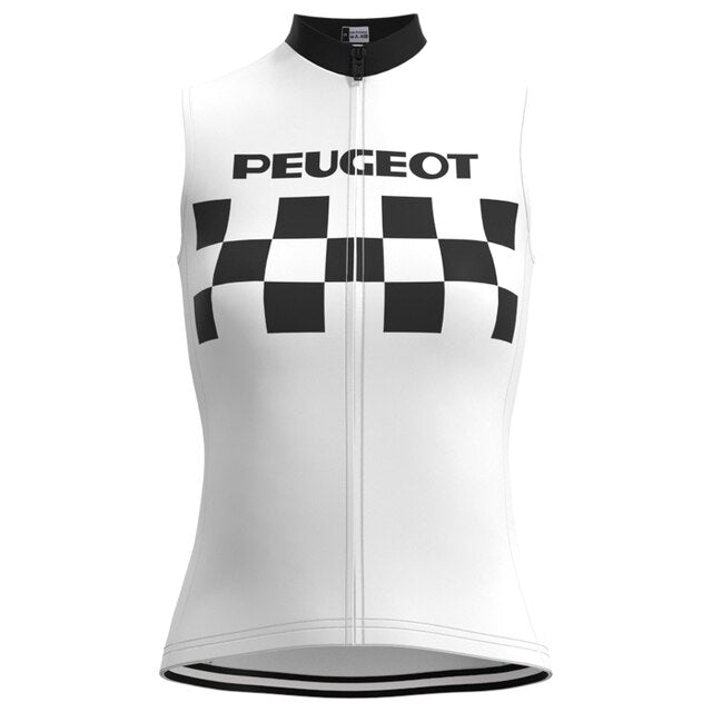 The Womens 1960s Peugeot-Shell Retro Cycling Jersey Set is sleeveless with a front zipper, showcasing vintage style through a white design, black checkered pattern, and bold PEUGEOT lettering. Ideal for fans of classic womens cycling apparel from the 1960s.