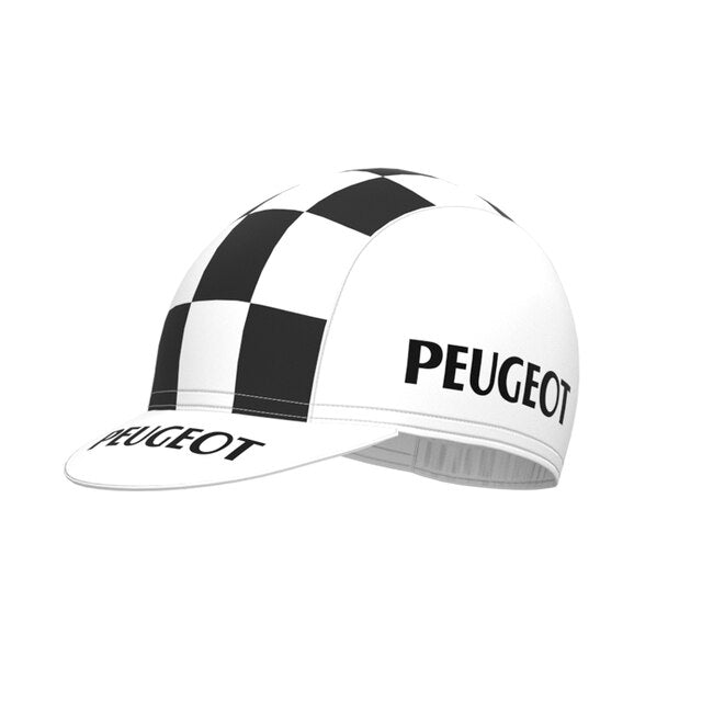 A retro-style cycling cap reminiscent of 1960s womens apparel features a black and white checkerboard pattern with PEUGEOT on the side and brim. Its sleek silhouette pairs perfectly with any classic Womens 1960s Peugeot-Shell Retro Cycling Jersey Set.