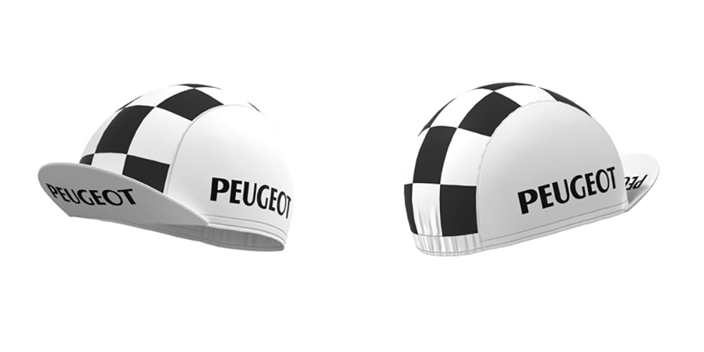 Two cycling caps, part of the Womens 1960s Peugeot-Shell Retro Cycling Jersey Set, showcase a classic black and white checkerboard pattern. The word PEUGEOT adorns the side of each brim, echoing vintage cycling apparel.