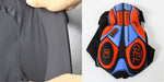 Close-up of black cycling shorts with textured fabric on the left and an inner padded gel section on the right, featuring blue and red designs from the Womens 1960s Peugeot-Shell Retro Cycling Jersey Set.