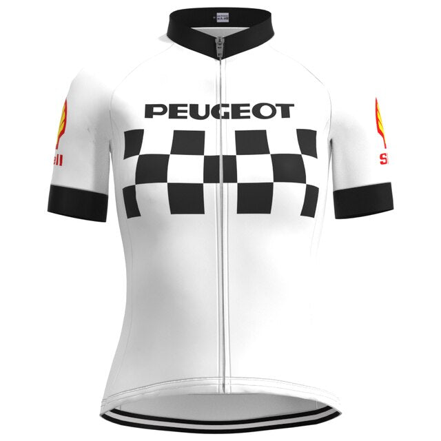 The Womens 1960s Peugeot-Shell Retro Cycling Jersey Set features a white design with a black checkerboard chest pattern, Peugeot above, and sponsor logos on the sleeves, embodying vintage womens cycling style while enhancing aerodynamics and comfort.