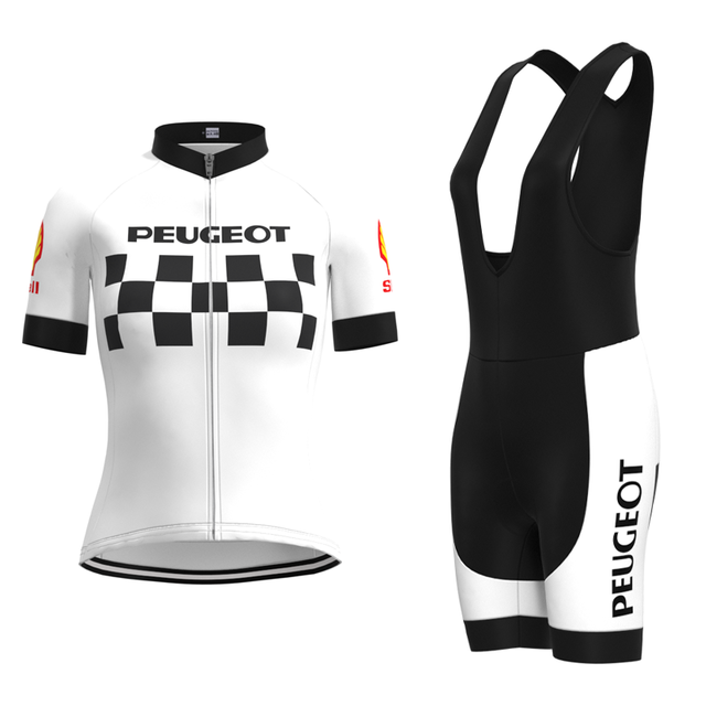 The Womens 1960s Peugeot-Shell Retro Cycling Jersey Set features a white short-sleeve jersey with a black checkered pattern and Peugeot text, paired with matching black-and-white bib shorts showcasing the classic Peugeot logo.