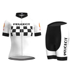 Retro cycling fans will adore the Womens 1960s Peugeot-Shell Jersey Set, featuring a white jersey with Peugeot text and black-and-white checks, short sleeves, and a stand-up zip collar. The mostly black shorts complement it with chic white sides.