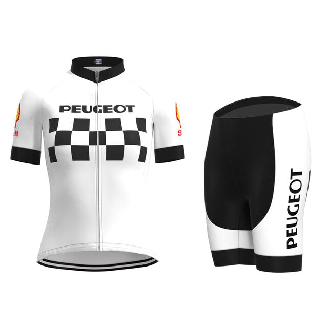 Retro cycling fans will adore the Womens 1960s Peugeot-Shell Jersey Set, featuring a white jersey with Peugeot text and black-and-white checks, short sleeves, and a stand-up zip collar. The mostly black shorts complement it with chic white sides.