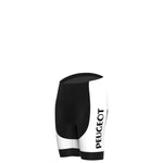 The Womens 1960s Peugeot-Shell Retro Cycling Jersey Set features cycling shorts with a black waistband, white side panels with Peugeot printed vertically, capturing classic retro charm and smooth finish reminiscent of 1960s cycling apparel against a plain white backdrop.