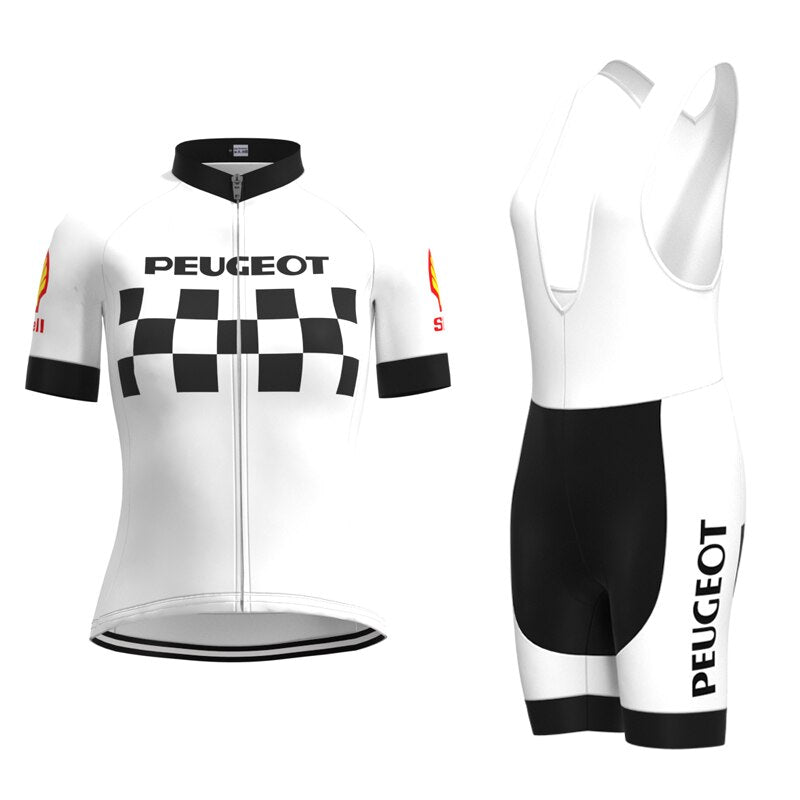 The Womens 1960s Peugeot-Shell Retro Cycling Jersey Set includes a white short-sleeve jersey with black and white checkered pattern, PEUGEOT text, and matching bib shorts—ideal for a nostalgic cycling look.