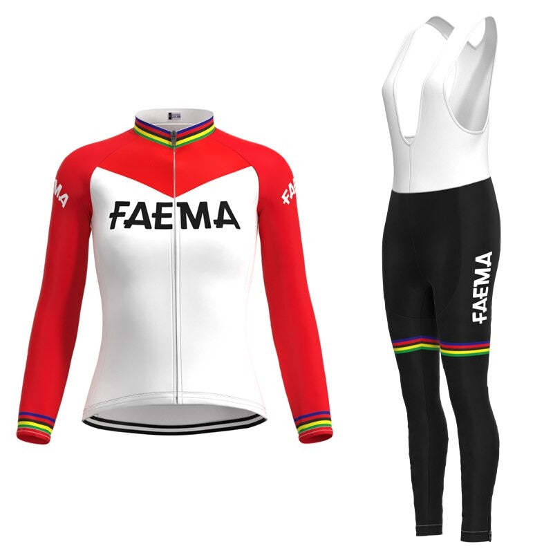 The Womens 1969 Faema Retro Cycling Jersey Long Set showcases a retro FAEMA team design with red, white, and rainbow-striped accents on the jersey and collar. It comes with black bib shorts featuring matching stripes and a FAEMA logo, ideal for vintage cycling fans.