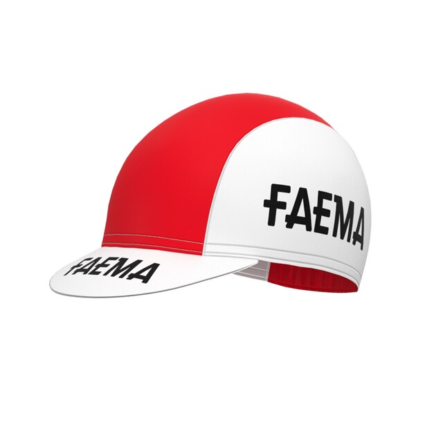 The red and white cycling cap, with FAEMA in bold black letters on the front and side, complements the Womens 1969 Faema Retro Cycling Jersey Set. Its short curved brim and rounded top enhance its clean, simple look.