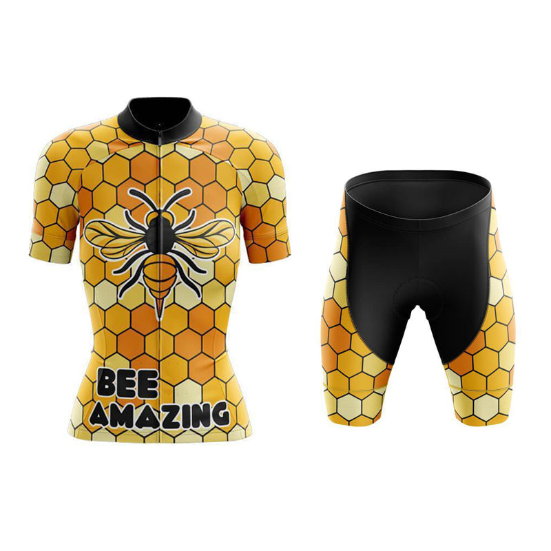 Check out the Womens Bee Amazing Cycling Jersey Set, featuring a bee-themed honeycomb pattern. The breathable top includes a charming bee illustration and the empowering Bee Amazing text, complemented by black shorts with honeycomb accents—perfect for your rides.