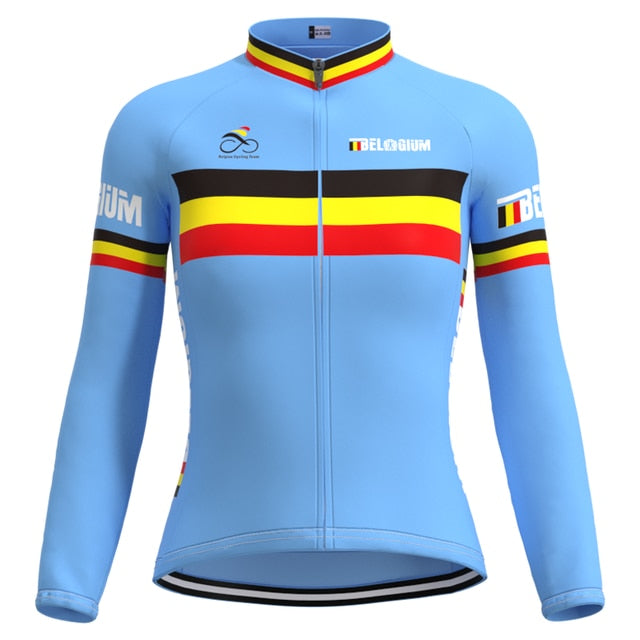 The Womens Belgium Cycling Team Long Jersey features light blue fabric with black, yellow, and red stripes on the chest and arms. BELGIUM is prominently displayed on the chest and sleeves, with a small cycling logo on the collar.