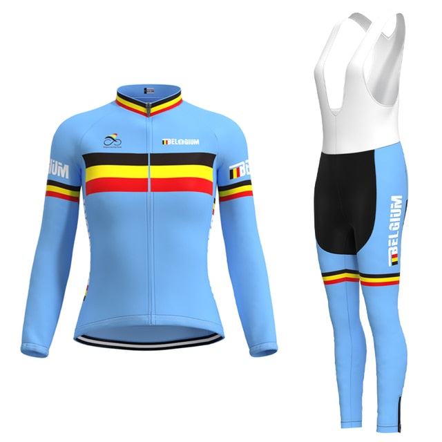 The Womens Belgium Cycling Team Retro Cycling Jersey Long Set features a blue, lightweight jersey and bib tights adorned with black, yellow, and red stripes. Belgium is printed on the side and sleeve, along with a small flag on the chest.